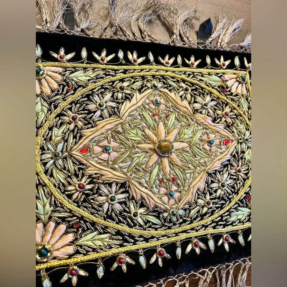 Handmade Zardozi Embroidered Wall Hanging Velvet Gold Tapestry 12x9 Indian Boho